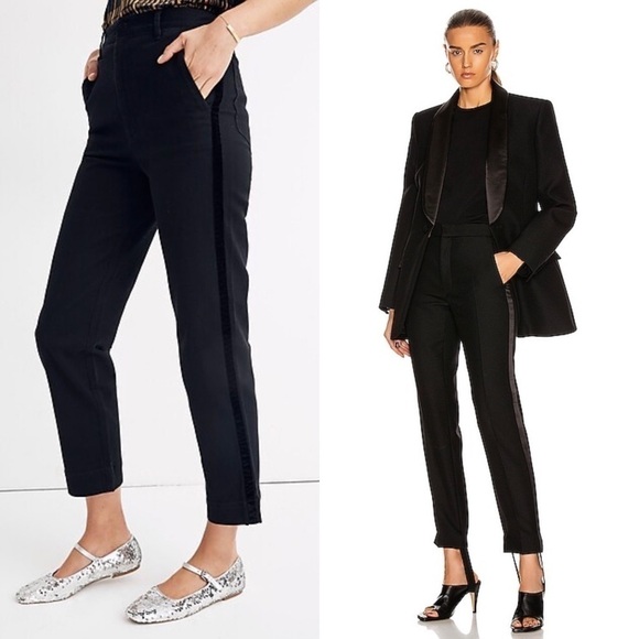 NWT L’AGENCE High‎ Rise Velvet Tuxedo Stripe Ankle Crop Straight Leg Trousers 2 - Picture 1 of 5